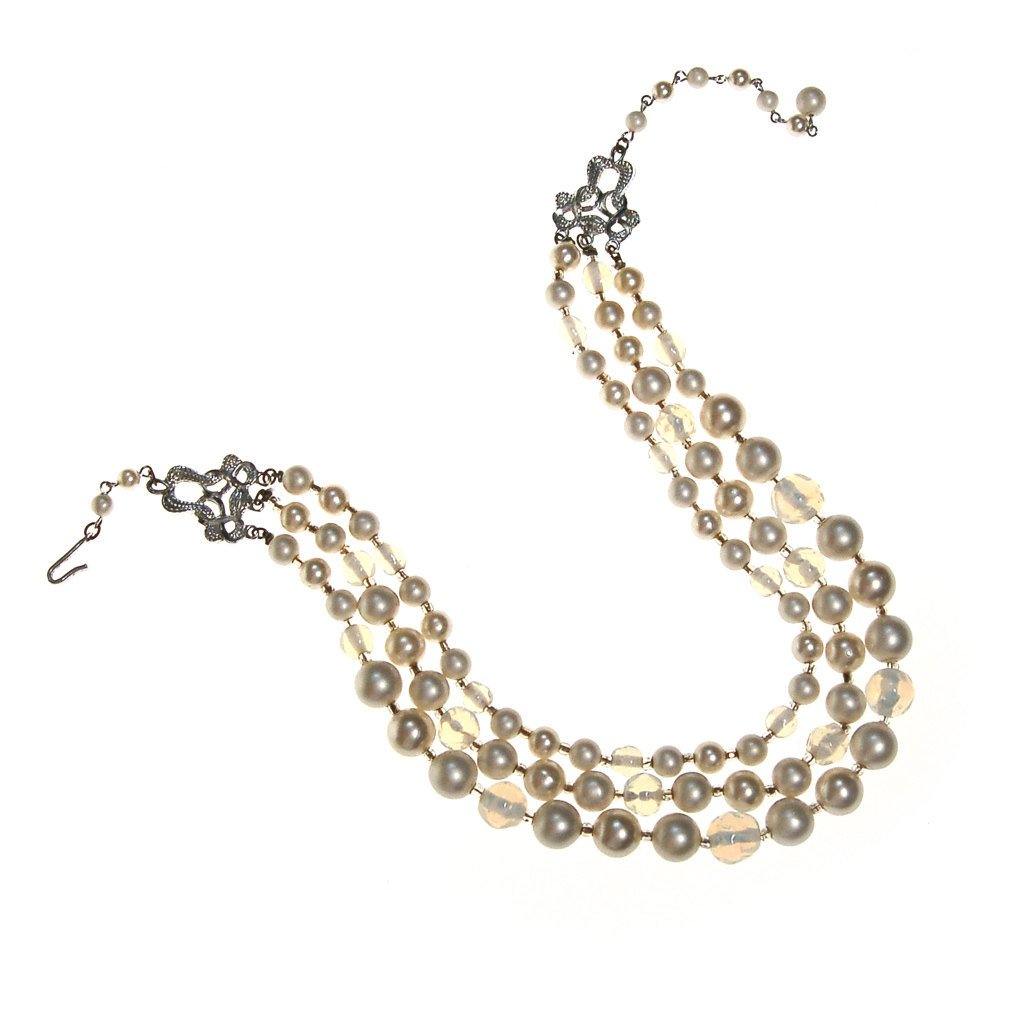Opal Bead and Pearl Triple Strand Necklace by Made in Japan - Vintage Meet Modern Vintage Jewelry - Chicago, Illinois - #oldhollywoodglamour #vintagemeetmodern #designervintage #jewelrybox #antiquejewelry #vintagejewelry