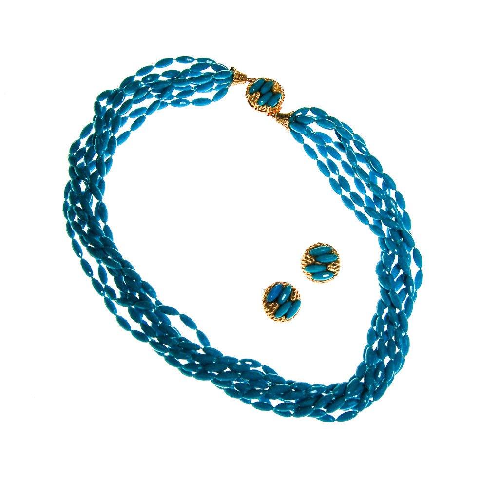 Turquoise Rice Bead Torsade Necklace and Earring Set by Unsigned Beauty - Vintage Meet Modern Vintage Jewelry - Chicago, Illinois - #oldhollywoodglamour #vintagemeetmodern #designervintage #jewelrybox #antiquejewelry #vintagejewelry