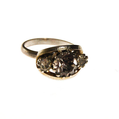 Smokey Rhinestone Three Stone Ring, Black Diamond, Adjustable, 1940s by 1940s - Vintage Meet Modern Vintage Jewelry - Chicago, Illinois - #oldhollywoodglamour #vintagemeetmodern #designervintage #jewelrybox #antiquejewelry #vintagejewelry