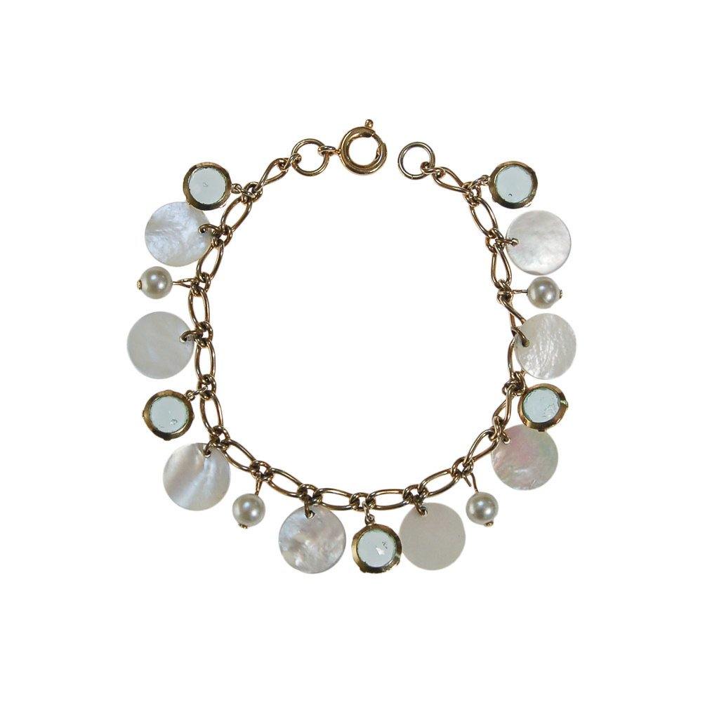 Mother of Pearl and Blue Crystal Charm Bracelet by 1970s - Vintage Meet Modern Vintage Jewelry - Chicago, Illinois - #oldhollywoodglamour #vintagemeetmodern #designervintage #jewelrybox #antiquejewelry #vintagejewelry