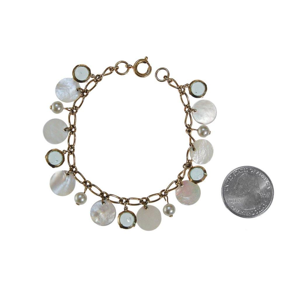 Mother of Pearl and Blue Crystal Charm Bracelet by 1970s - Vintage Meet Modern Vintage Jewelry - Chicago, Illinois - #oldhollywoodglamour #vintagemeetmodern #designervintage #jewelrybox #antiquejewelry #vintagejewelry