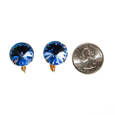 Blue Rivoli Rhinestone Earrings, Clip On, Round, Headlight Style, Designer Vintage Jewelry, 1960s by 1960s - Vintage Meet Modern Vintage Jewelry - Chicago, Illinois - #oldhollywoodglamour #vintagemeetmodern #designervintage #jewelrybox #antiquejewelry #vintagejewelry