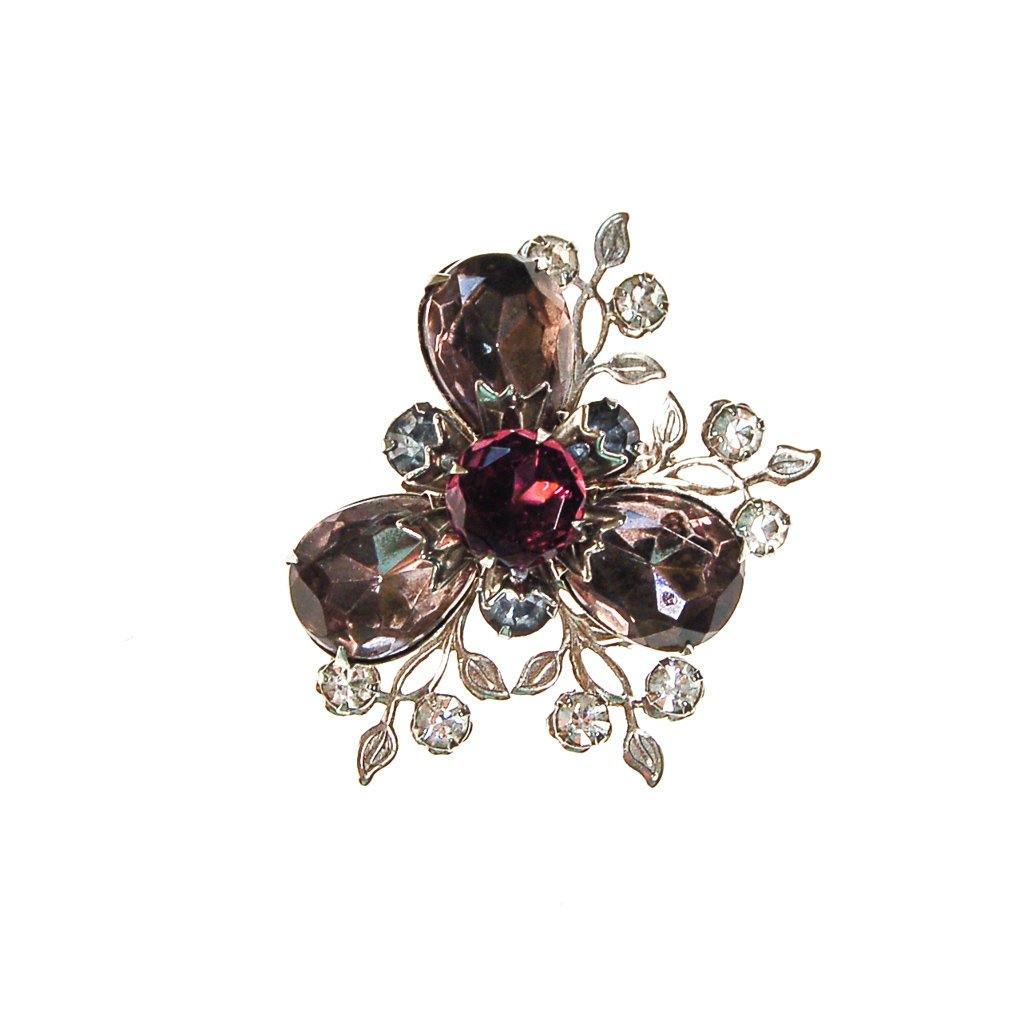 Purple and Smokey Gray Rhinestone Flower Brooch by Unsigned Beauty - Vintage Meet Modern Vintage Jewelry - Chicago, Illinois - #oldhollywoodglamour #vintagemeetmodern #designervintage #jewelrybox #antiquejewelry #vintagejewelry