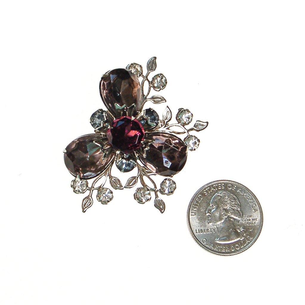 Purple and Smokey Gray Rhinestone Flower Brooch by Unsigned Beauty - Vintage Meet Modern Vintage Jewelry - Chicago, Illinois - #oldhollywoodglamour #vintagemeetmodern #designervintage #jewelrybox #antiquejewelry #vintagejewelry