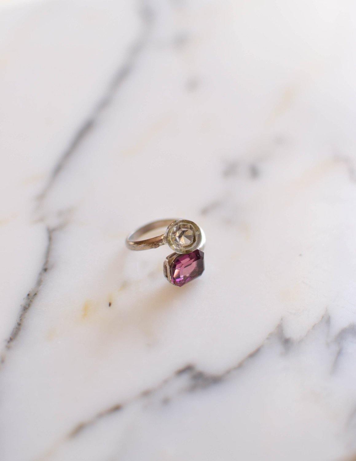 Purple and Gray Crystal Bypass Minimalist Ring by 1980s - Vintage Meet Modern Vintage Jewelry - Chicago, Illinois - #oldhollywoodglamour #vintagemeetmodern #designervintage #jewelrybox #antiquejewelry #vintagejewelry