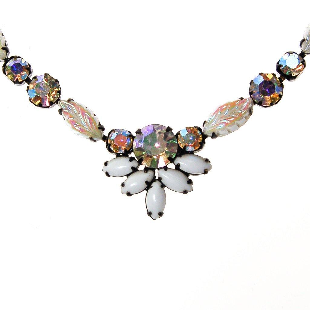 Milk Glass Aurora Borealis Rhinestone Necklace by 1950s - Vintage Meet Modern Vintage Jewelry - Chicago, Illinois - #oldhollywoodglamour #vintagemeetmodern #designervintage #jewelrybox #antiquejewelry #vintagejewelry