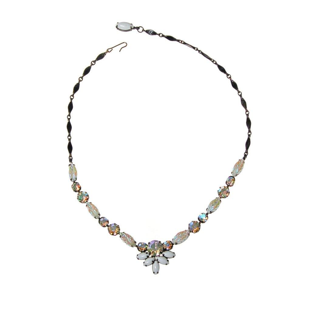 Milk Glass Aurora Borealis Rhinestone Necklace