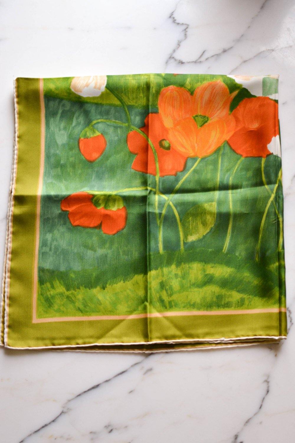 Kreier Orange Poppies Silk Scarf, Kreier by Kreir - Vintage Meet Modern Vintage Jewelry - Chicago, Illinois - #oldhollywoodglamour #vintagemeetmodern #designervintage #jewelrybox #antiquejewelry #vintagejewelry