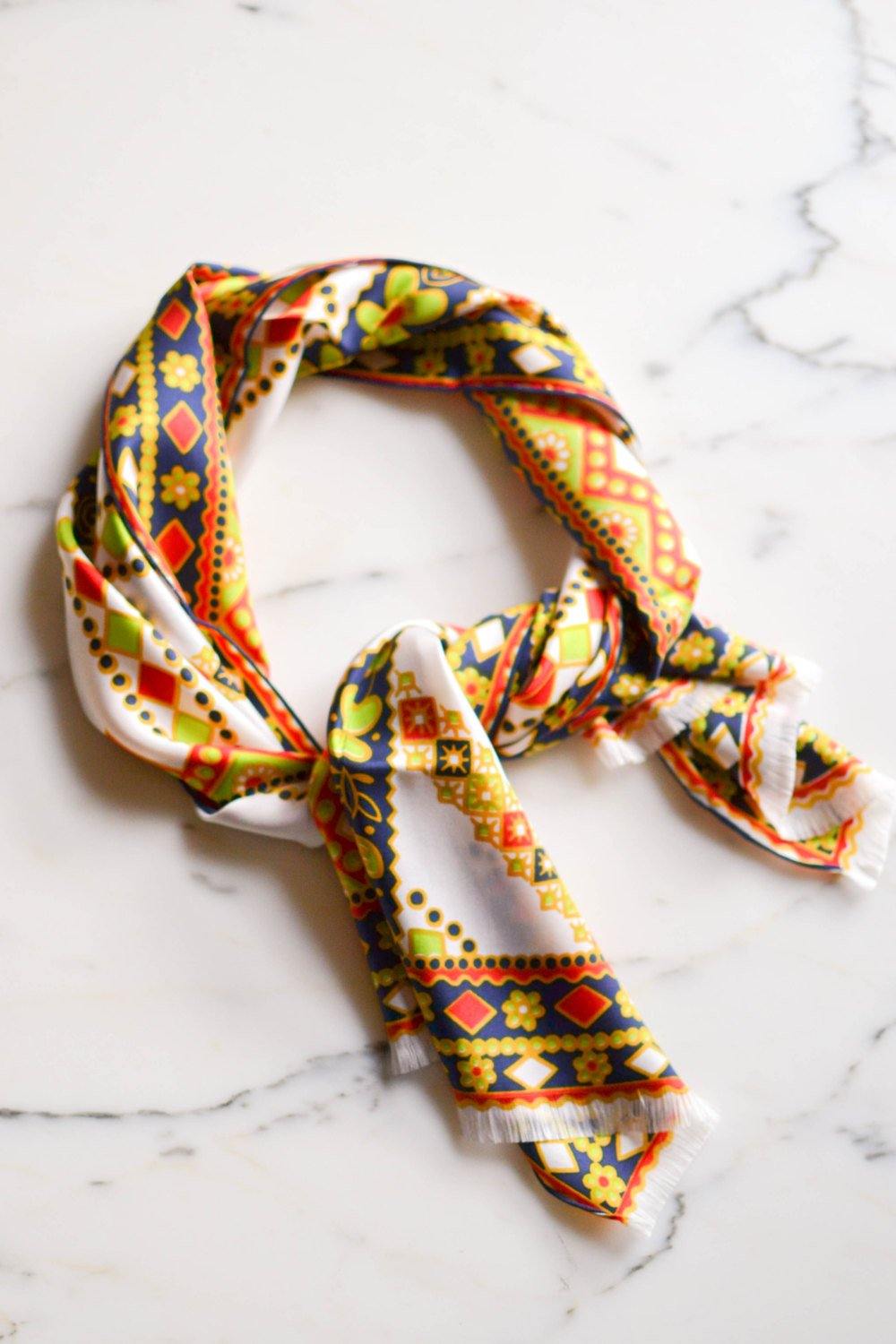 Orange, White, Navy, Lime Green, Silk Scarf, Marshall Fields, Made in France