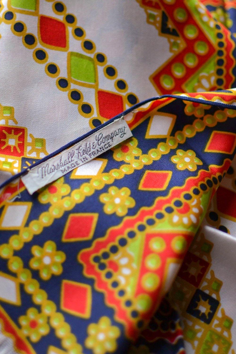 Orange, White, Navy, Lime Green, Silk Scarf, Marshall Fields, Made in France by Mashall Fields - Vintage Meet Modern Vintage Jewelry - Chicago, Illinois - #oldhollywoodglamour #vintagemeetmodern #designervintage #jewelrybox #antiquejewelry #vintagejewelry