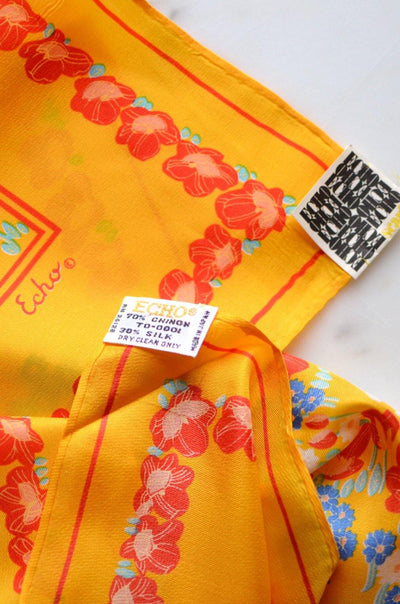 Echo Chinon Silk Scarf, Colorful, Bright, Yellow, Red, White, Square Shape, 1960s by Echo - Vintage Meet Modern Vintage Jewelry - Chicago, Illinois - #oldhollywoodglamour #vintagemeetmodern #designervintage #jewelrybox #antiquejewelry #vintagejewelry