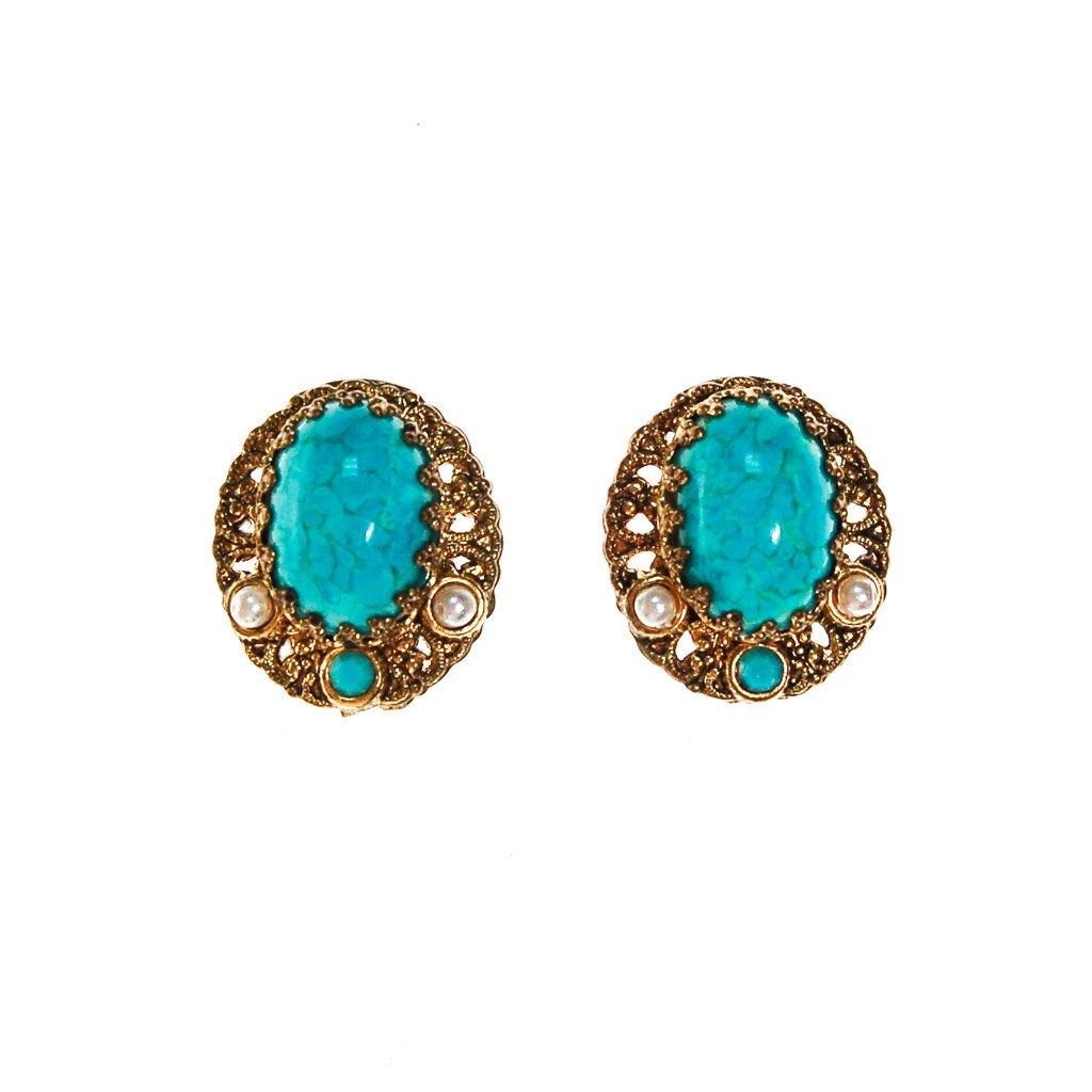 Turquoise, Pearl and Gold Filigree Earrings by West Germany - Vintage Meet Modern Vintage Jewelry - Chicago, Illinois - #oldhollywoodglamour #vintagemeetmodern #designervintage #jewelrybox #antiquejewelry #vintagejewelry