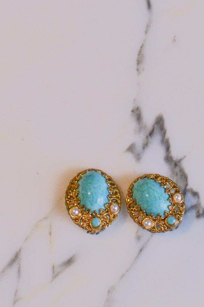 Turquoise, Pearl and Gold Filigree Earrings by West Germany - Vintage Meet Modern Vintage Jewelry - Chicago, Illinois - #oldhollywoodglamour #vintagemeetmodern #designervintage #jewelrybox #antiquejewelry #vintagejewelry