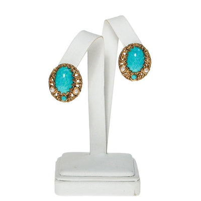 Turquoise, Pearl and Gold Filigree Earrings by West Germany - Vintage Meet Modern Vintage Jewelry - Chicago, Illinois - #oldhollywoodglamour #vintagemeetmodern #designervintage #jewelrybox #antiquejewelry #vintagejewelry
