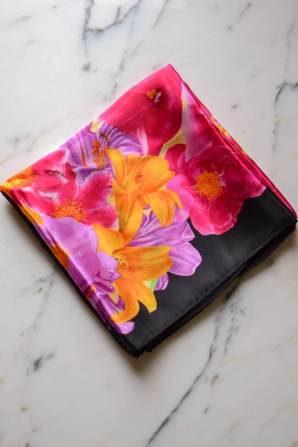 Orange, Pink, Purple Floral Silk Scarf by Anne Klein by Anne Klein - Vintage Meet Modern Vintage Jewelry - Chicago, Illinois - #oldhollywoodglamour #vintagemeetmodern #designervintage #jewelrybox #antiquejewelry #vintagejewelry