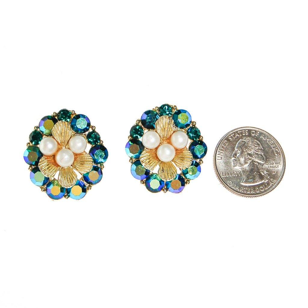 Pearl and Peacock Rhinestone Earrings by Unsigned Beauty - Vintage Meet Modern Vintage Jewelry - Chicago, Illinois - #oldhollywoodglamour #vintagemeetmodern #designervintage #jewelrybox #antiquejewelry #vintagejewelry