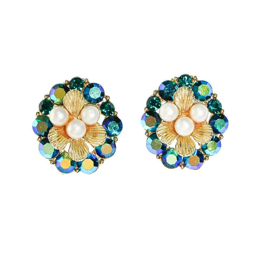 Pearl and Peacock Rhinestone Earrings by Unsigned Beauty - Vintage Meet Modern Vintage Jewelry - Chicago, Illinois - #oldhollywoodglamour #vintagemeetmodern #designervintage #jewelrybox #antiquejewelry #vintagejewelry