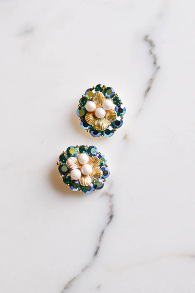 Pearl and Peacock Rhinestone Earrings by Unsigned Beauty - Vintage Meet Modern Vintage Jewelry - Chicago, Illinois - #oldhollywoodglamour #vintagemeetmodern #designervintage #jewelrybox #antiquejewelry #vintagejewelry