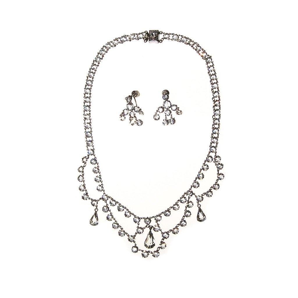 Art Deco Bezel Set Crystal Necklace and Earring Set, White Gold Filled, Demi Parure, Screw Back Earrings, Waterfall Bib Style