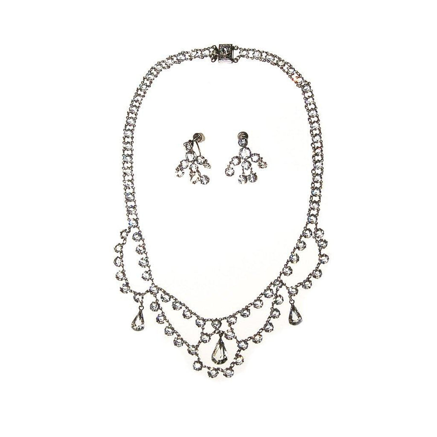 Art Deco Bezel Set Crystal Necklace and Earring Set, White Gold Filled, Demi Parure, Screw Back Earrings, Waterfall Bib Style by Art Deco - Vintage Meet Modern Vintage Jewelry - Chicago, Illinois - #oldhollywoodglamour #vintagemeetmodern #designervintage #jewelrybox #antiquejewelry #vintagejewelry