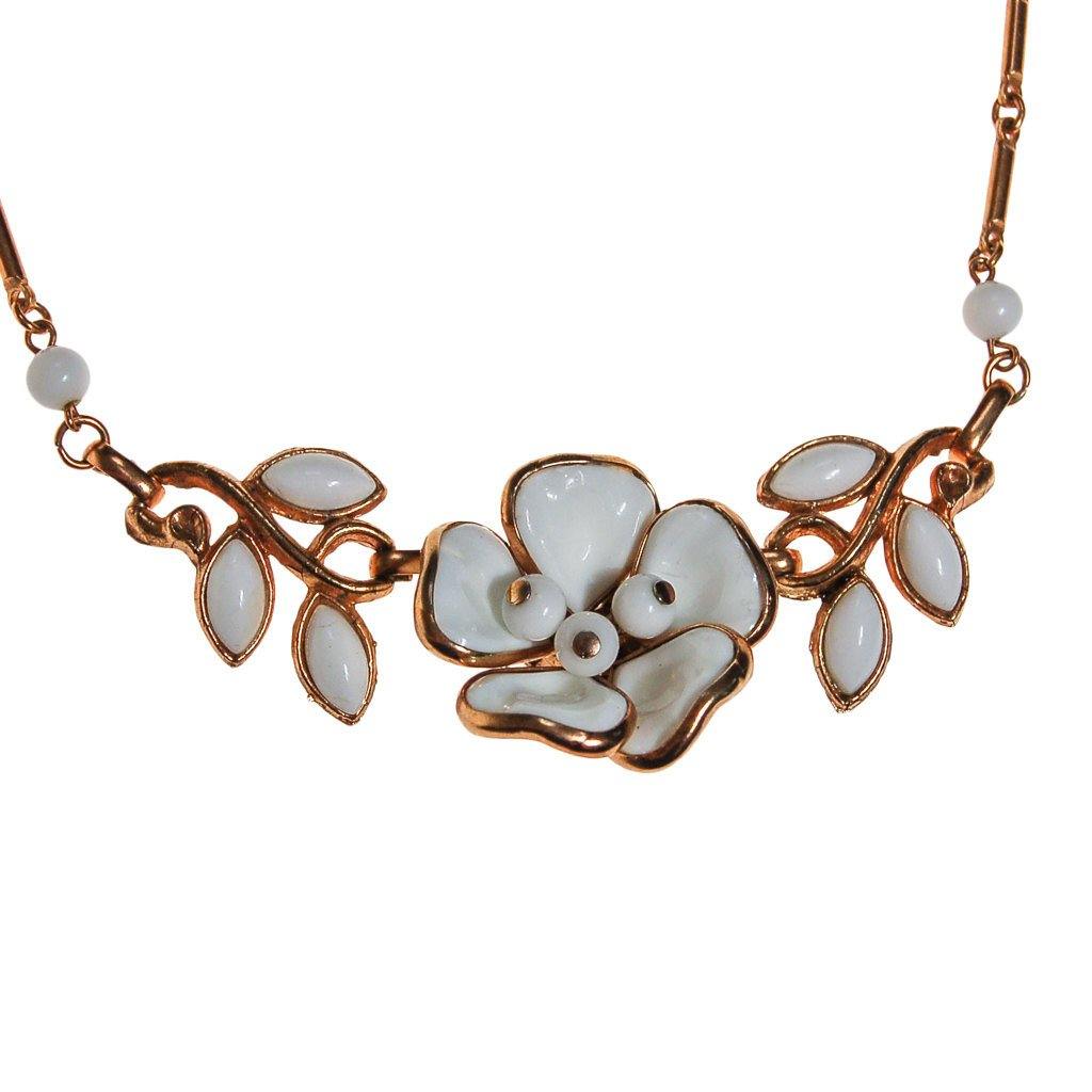 Milk Glass Dogwood Flower Necklace by Unsigned Beauty - Vintage Meet Modern Vintage Jewelry - Chicago, Illinois - #oldhollywoodglamour #vintagemeetmodern #designervintage #jewelrybox #antiquejewelry #vintagejewelry