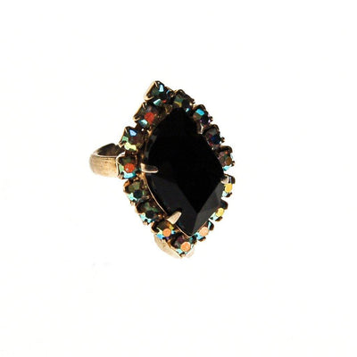 Jet Black and Aurora Borealis Rhinestones Ring, Statement, Cocktail, Dinner Ring, Adjustable, 1950s, 1960s by Unsigned Beauty - Vintage Meet Modern Vintage Jewelry - Chicago, Illinois - #oldhollywoodglamour #vintagemeetmodern #designervintage #jewelrybox #antiquejewelry #vintagejewelry