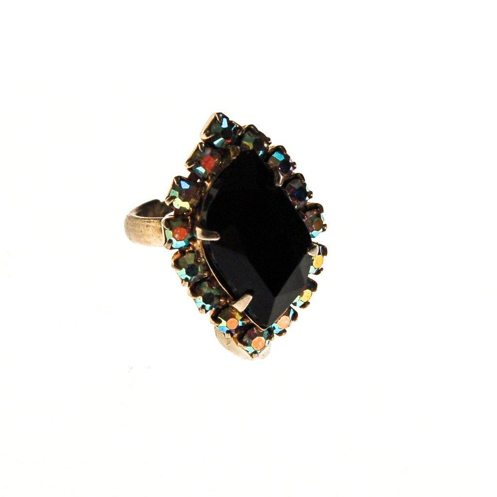 Jet Black and Aurora Borealis Rhinestones Ring, Statement, Cocktail, Dinner Ring, Adjustable, 1950s, 1960s