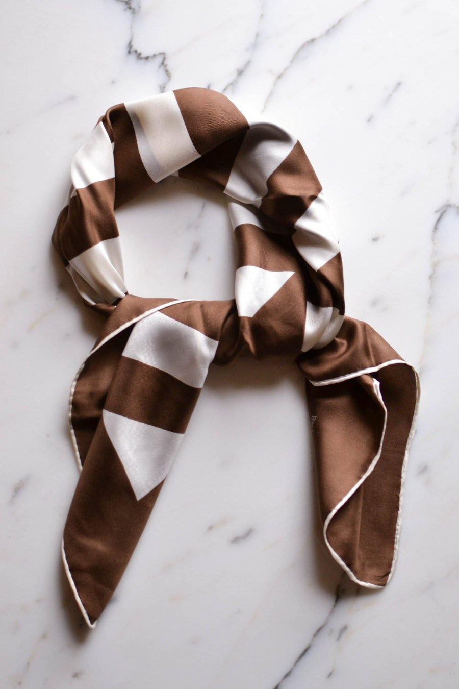 Echo Brown and Cream Silk Scarf, Square, 1970s by Echo - Vintage Meet Modern Vintage Jewelry - Chicago, Illinois - #oldhollywoodglamour #vintagemeetmodern #designervintage #jewelrybox #antiquejewelry #vintagejewelry