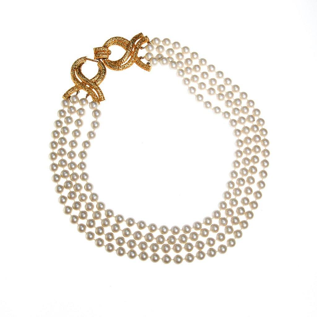 Geno Multi Strand Pearl Necklace with Gold Decorative Clasp by Geno - Vintage Meet Modern Vintage Jewelry - Chicago, Illinois - #oldhollywoodglamour #vintagemeetmodern #designervintage #jewelrybox #antiquejewelry #vintagejewelry