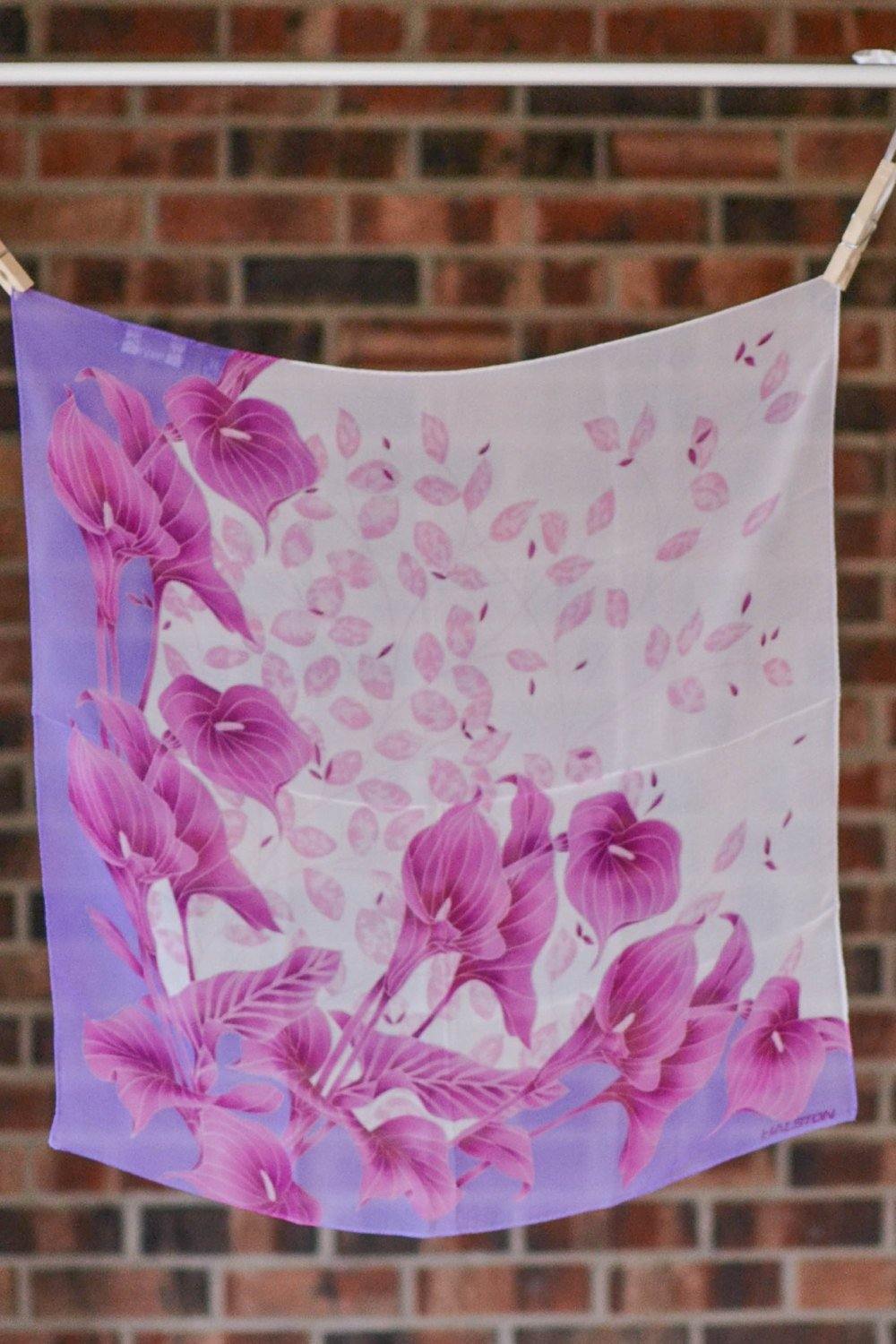 Pink and Purple Calla Lily Scarf by Halston by Halston - Vintage Meet Modern Vintage Jewelry - Chicago, Illinois - #oldhollywoodglamour #vintagemeetmodern #designervintage #jewelrybox #antiquejewelry #vintagejewelry