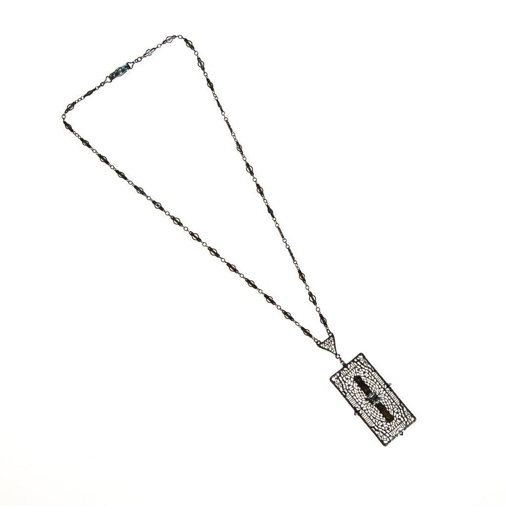 Edwardian Art Deco Filigree and Rhinestone Pendant Necklace by Art Deco - Vintage Meet Modern Vintage Jewelry - Chicago, Illinois - #oldhollywoodglamour #vintagemeetmodern #designervintage #jewelrybox #antiquejewelry #vintagejewelry