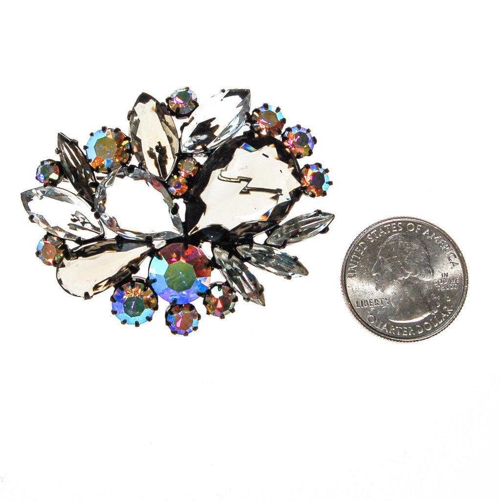 Aurora Borealis, Clear Crystal, Diamante, and Smoke Rhinestone Brooch by Unsigned Beauty - Vintage Meet Modern Vintage Jewelry - Chicago, Illinois - #oldhollywoodglamour #vintagemeetmodern #designervintage #jewelrybox #antiquejewelry #vintagejewelry