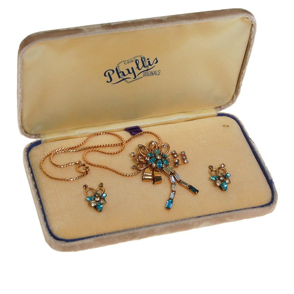 Blue Rhinestone Necklace, Earrings Set by Phyllis Originals