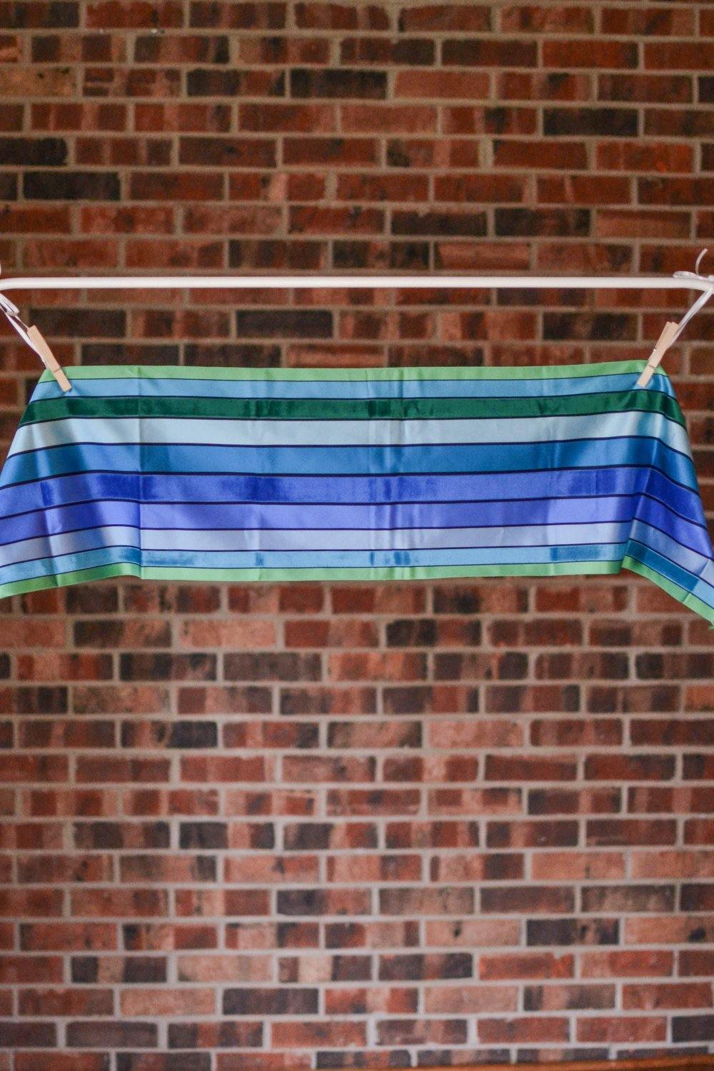 Blue and Green Striped Silk Scarf Made in France for Marshall Fields by Made in France - Vintage Meet Modern Vintage Jewelry - Chicago, Illinois - #oldhollywoodglamour #vintagemeetmodern #designervintage #jewelrybox #antiquejewelry #vintagejewelry