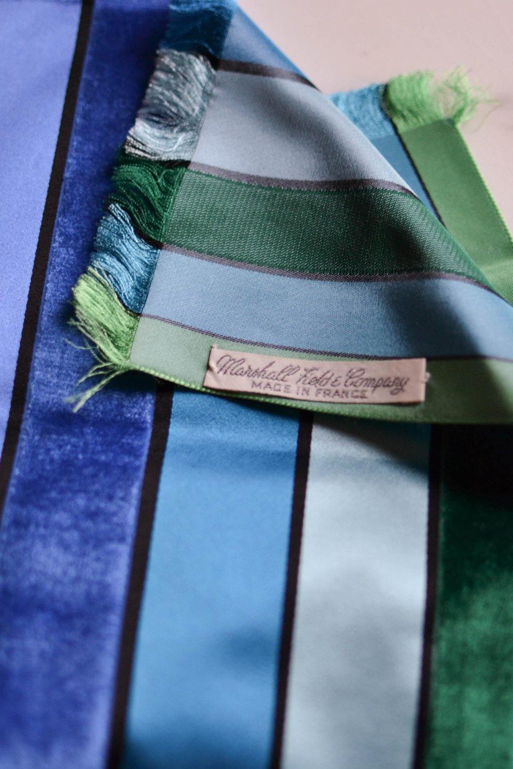 Blue and Green Striped Silk Scarf Made in France for Marshall Fields by Made in France - Vintage Meet Modern Vintage Jewelry - Chicago, Illinois - #oldhollywoodglamour #vintagemeetmodern #designervintage #jewelrybox #antiquejewelry #vintagejewelry