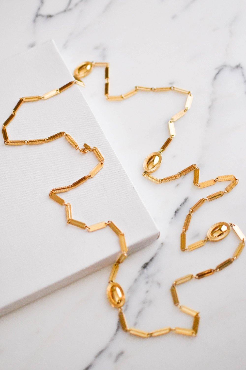 Monet Gold Flat Link and Oval Link Long Necklace by Monet - Vintage Meet Modern Vintage Jewelry - Chicago, Illinois - #oldhollywoodglamour #vintagemeetmodern #designervintage #jewelrybox #antiquejewelry #vintagejewelry