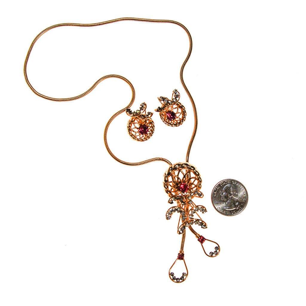 Pink Rhinestone Lariat Necklace and Earrings Set by Phyllis Originals by Phyllis Collectibles - Vintage Meet Modern Vintage Jewelry - Chicago, Illinois - #oldhollywoodglamour #vintagemeetmodern #designervintage #jewelrybox #antiquejewelry #vintagejewelry