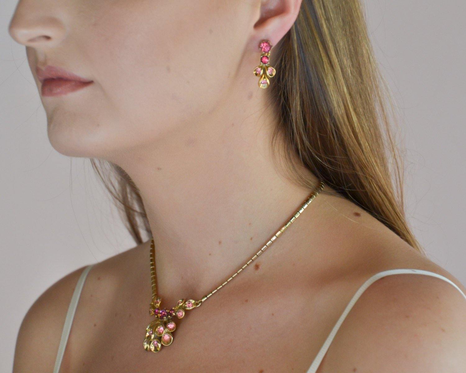 Gold Necklace and Earrings Set with Pink Rhinestones, Harry Iskin, Demi Parure, 1940s by Iskin - Vintage Meet Modern Vintage Jewelry - Chicago, Illinois - #oldhollywoodglamour #vintagemeetmodern #designervintage #jewelrybox #antiquejewelry #vintagejewelry