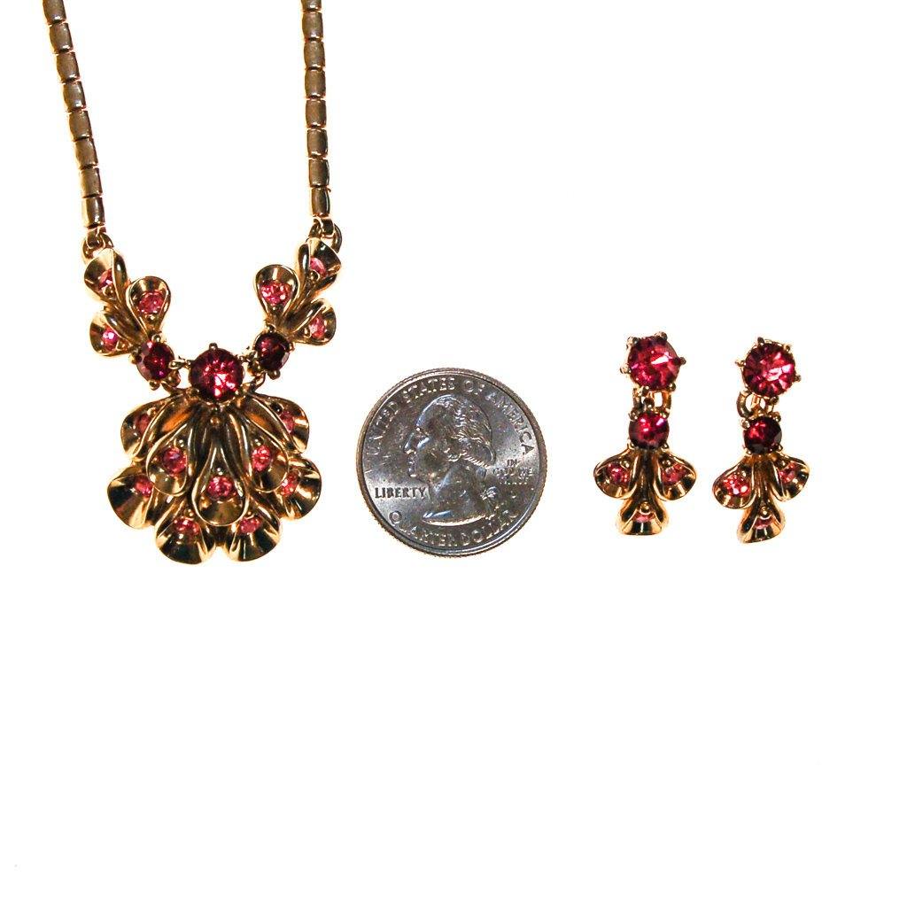 Gold Necklace and Earrings Set with Pink Rhinestones, Harry Iskin, Demi Parure, 1940s by Iskin - Vintage Meet Modern Vintage Jewelry - Chicago, Illinois - #oldhollywoodglamour #vintagemeetmodern #designervintage #jewelrybox #antiquejewelry #vintagejewelry