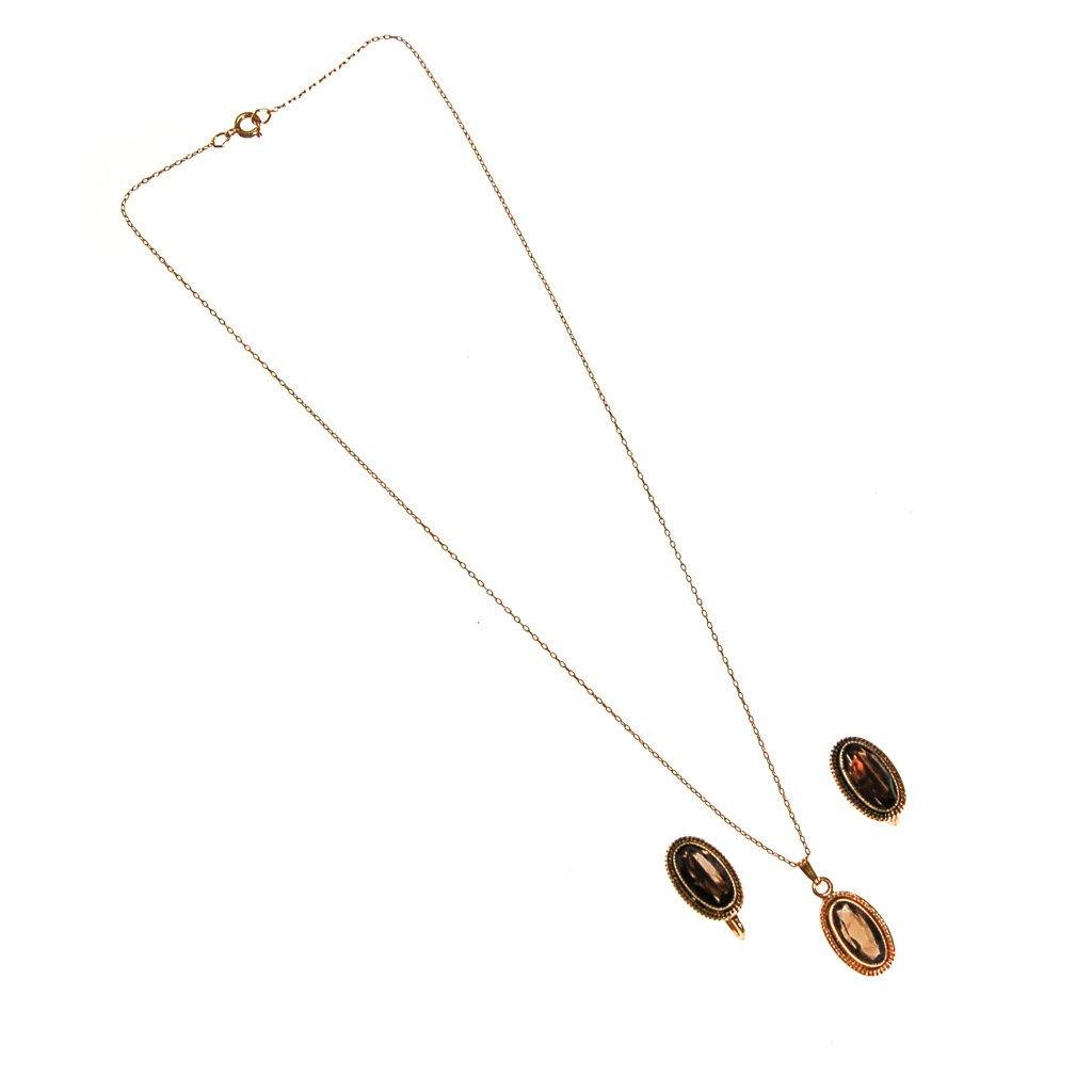 Smokey Topaz Pendant Necklace, Earrings Set, Demi Parure, Delicate, Oval Shape, 1/20 12kt Gold Filled, Screw Back Earrings by Smokey Topaz - Vintage Meet Modern Vintage Jewelry - Chicago, Illinois - #oldhollywoodglamour #vintagemeetmodern #designervintage #jewelrybox #antiquejewelry #vintagejewelry