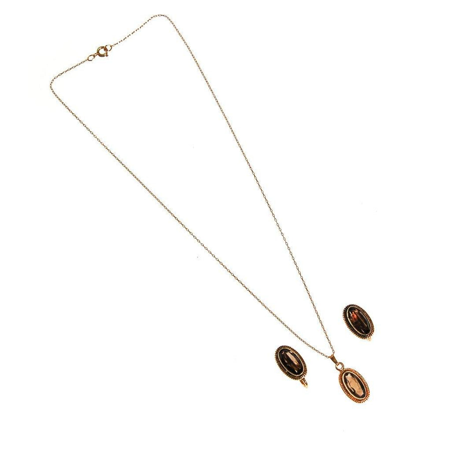 Smokey Topaz Pendant Necklace, Earrings Set, Demi Parure, Delicate, Oval Shape, 1/20 12kt Gold Filled, Screw Back Earrings by Smokey Topaz - Vintage Meet Modern Vintage Jewelry - Chicago, Illinois - #oldhollywoodglamour #vintagemeetmodern #designervintage #jewelrybox #antiquejewelry #vintagejewelry