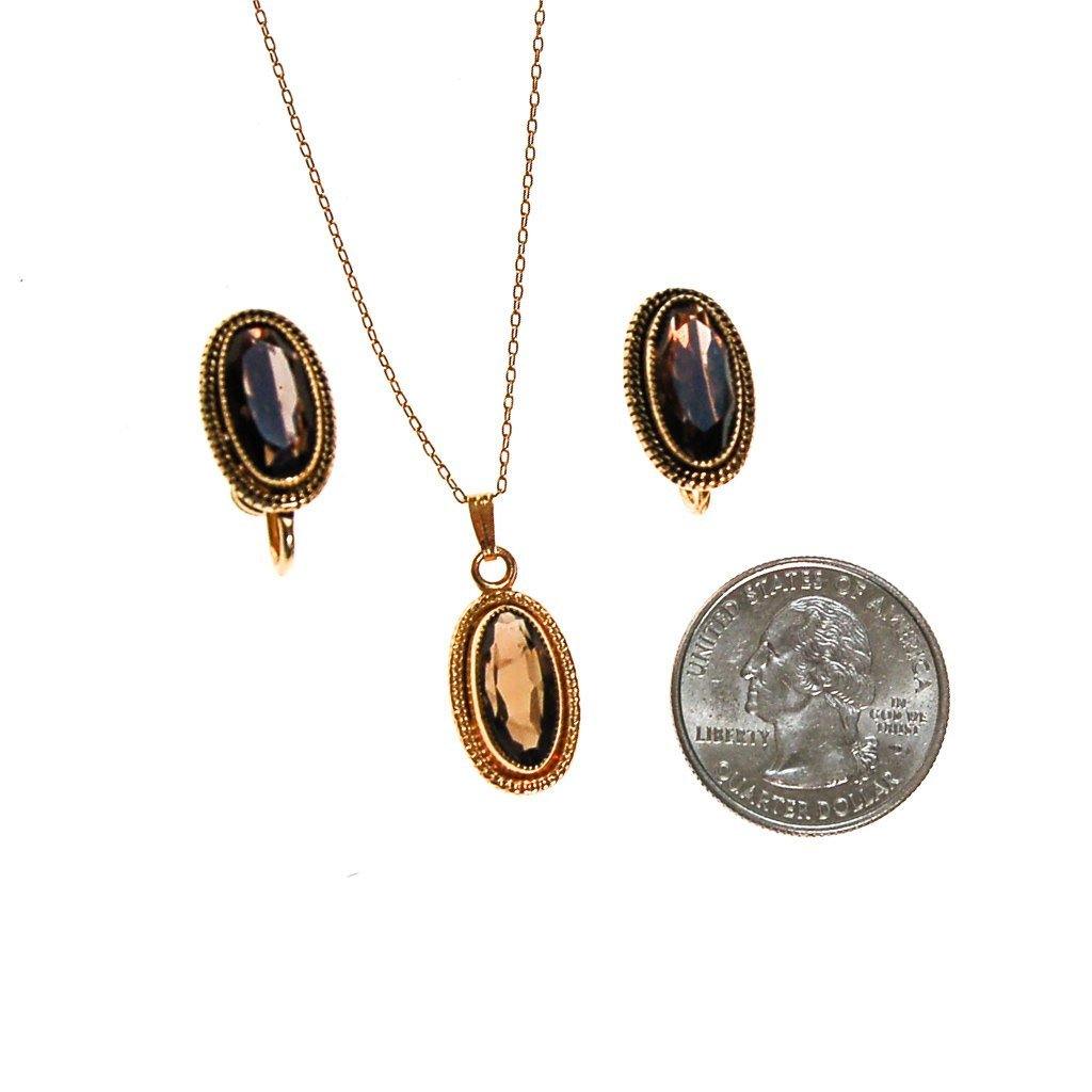 Smokey Topaz Pendant Necklace, Earrings Set, Demi Parure, Delicate, Oval Shape, 1/20 12kt Gold Filled, Screw Back Earrings by Smokey Topaz - Vintage Meet Modern Vintage Jewelry - Chicago, Illinois - #oldhollywoodglamour #vintagemeetmodern #designervintage #jewelrybox #antiquejewelry #vintagejewelry