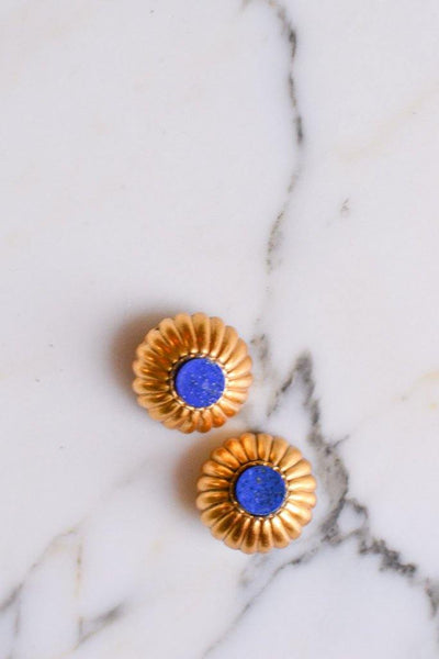 Gold and Lapis Round Medallion Earrings by WAG - Vintage Meet Modern Vintage Jewelry - Chicago, Illinois - #oldhollywoodglamour #vintagemeetmodern #designervintage #jewelrybox #antiquejewelry #vintagejewelry