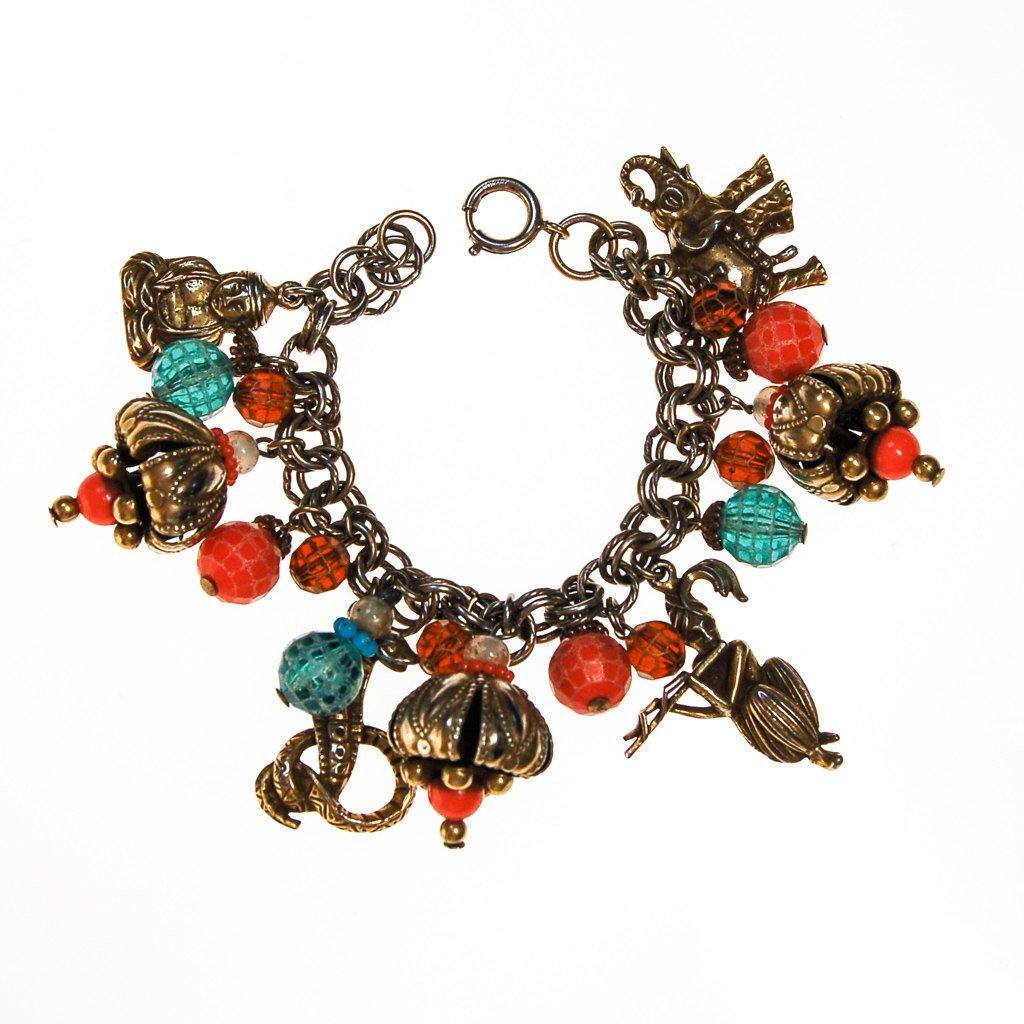 Loaded Charm Bracelet, Snake Charmer, Cobra, Elephant, Moroccan Influence, 1940s Made in Germany