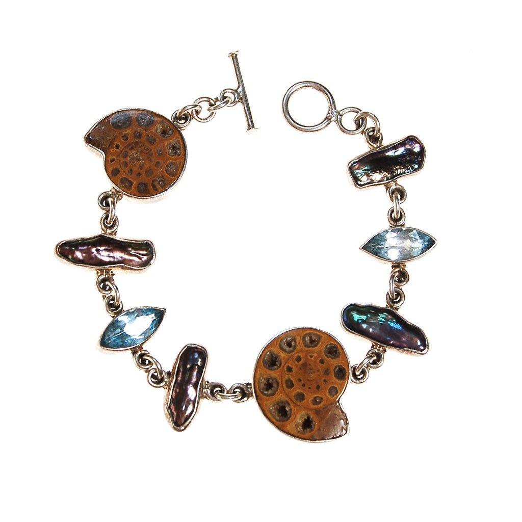 Sterling Silver Bracelet, Nautilus Shell, Biwa Pearl, Blue Topaz