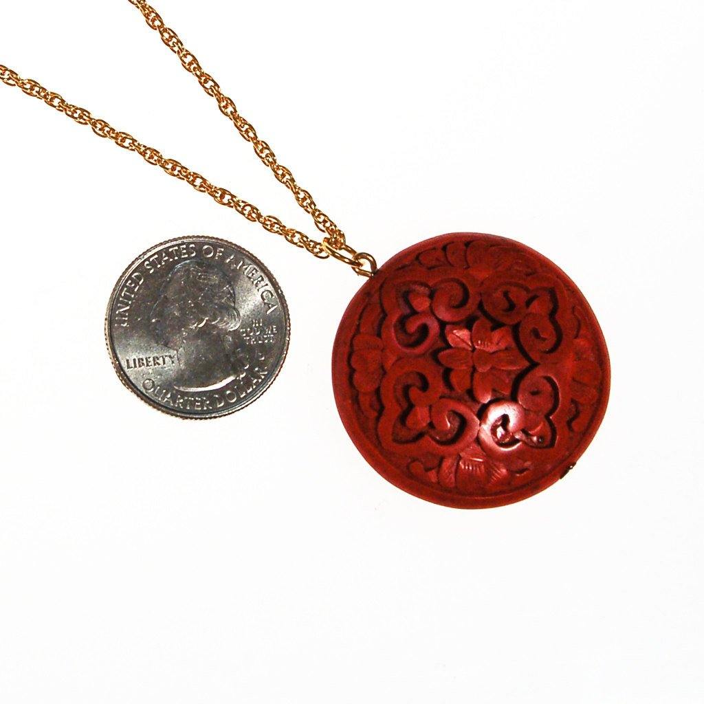 Carved Cinnabar Medallion Pendant Necklace by Chinese Export - Vintage Meet Modern Vintage Jewelry - Chicago, Illinois - #oldhollywoodglamour #vintagemeetmodern #designervintage #jewelrybox #antiquejewelry #vintagejewelry