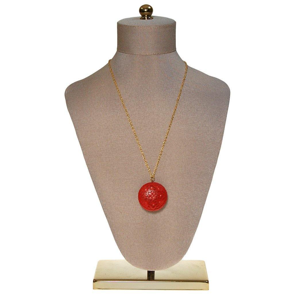 Carved Cinnabar Medallion Pendant Necklace by Chinese Export - Vintage Meet Modern Vintage Jewelry - Chicago, Illinois - #oldhollywoodglamour #vintagemeetmodern #designervintage #jewelrybox #antiquejewelry #vintagejewelry