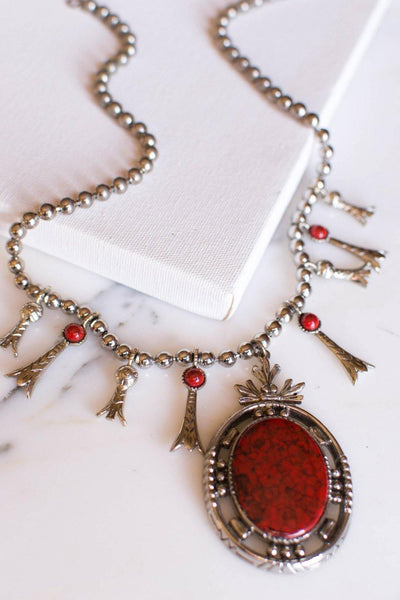 Red Coral Silver Squash Blossom Necklace by ART Mode by Art Mode - Vintage Meet Modern Vintage Jewelry - Chicago, Illinois - #oldhollywoodglamour #vintagemeetmodern #designervintage #jewelrybox #antiquejewelry #vintagejewelry
