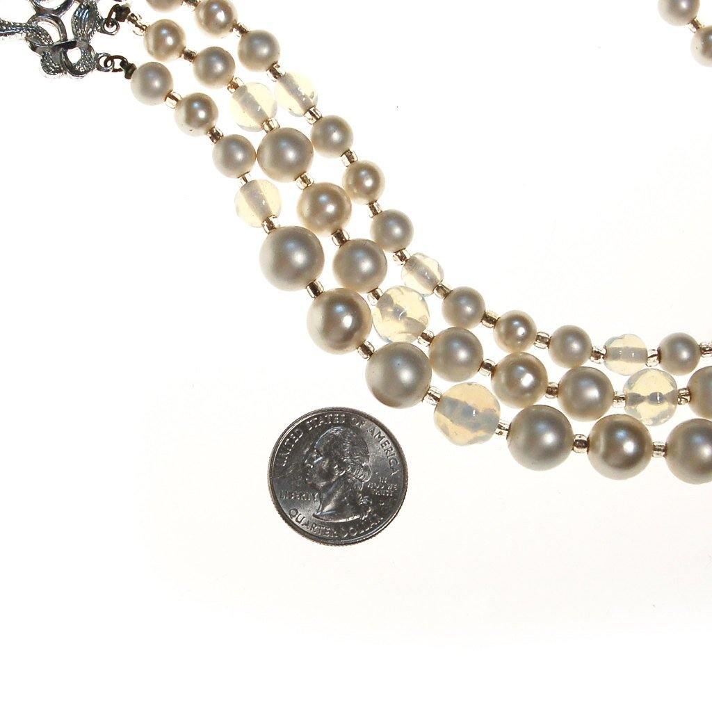 Opal Bead and Pearl Triple Strand Necklace by Made in Japan - Vintage Meet Modern Vintage Jewelry - Chicago, Illinois - #oldhollywoodglamour #vintagemeetmodern #designervintage #jewelrybox #antiquejewelry #vintagejewelry