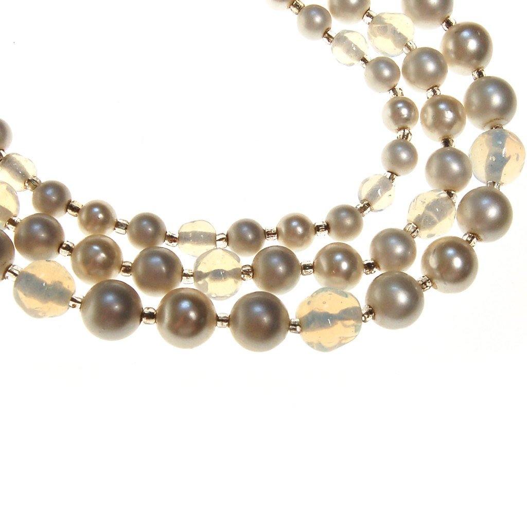 Opal Bead and Pearl Triple Strand Necklace by Made in Japan - Vintage Meet Modern Vintage Jewelry - Chicago, Illinois - #oldhollywoodglamour #vintagemeetmodern #designervintage #jewelrybox #antiquejewelry #vintagejewelry